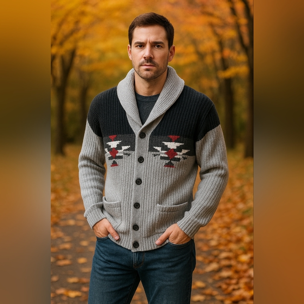 Rare Vtg Miller OUTERWEAR Gray 70's Aztec Chevron Cardigan Knit   M Sweater NEW